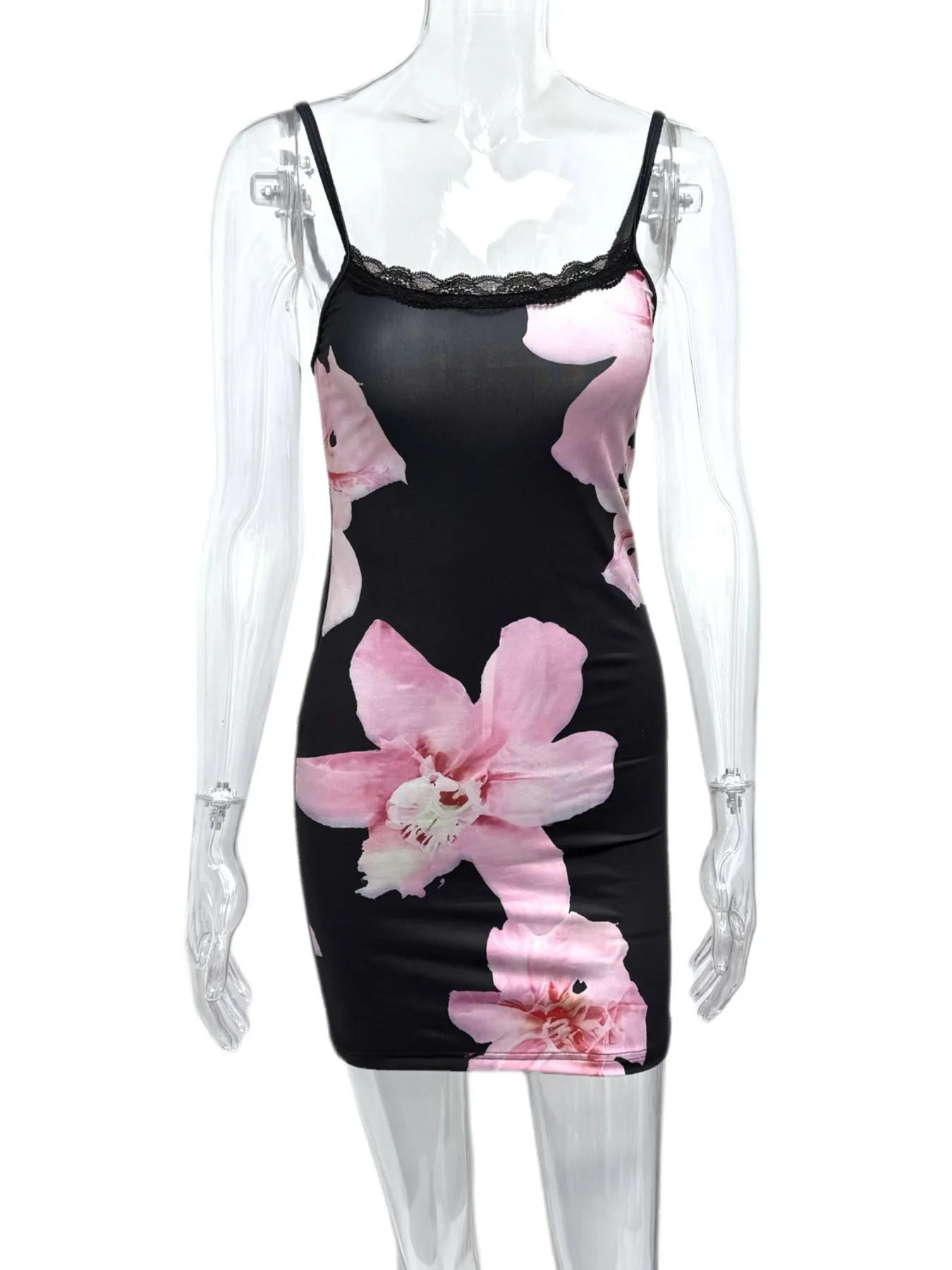 Floral Print Bodycon Cami Dress with Lace Trim - Style Chic Couture