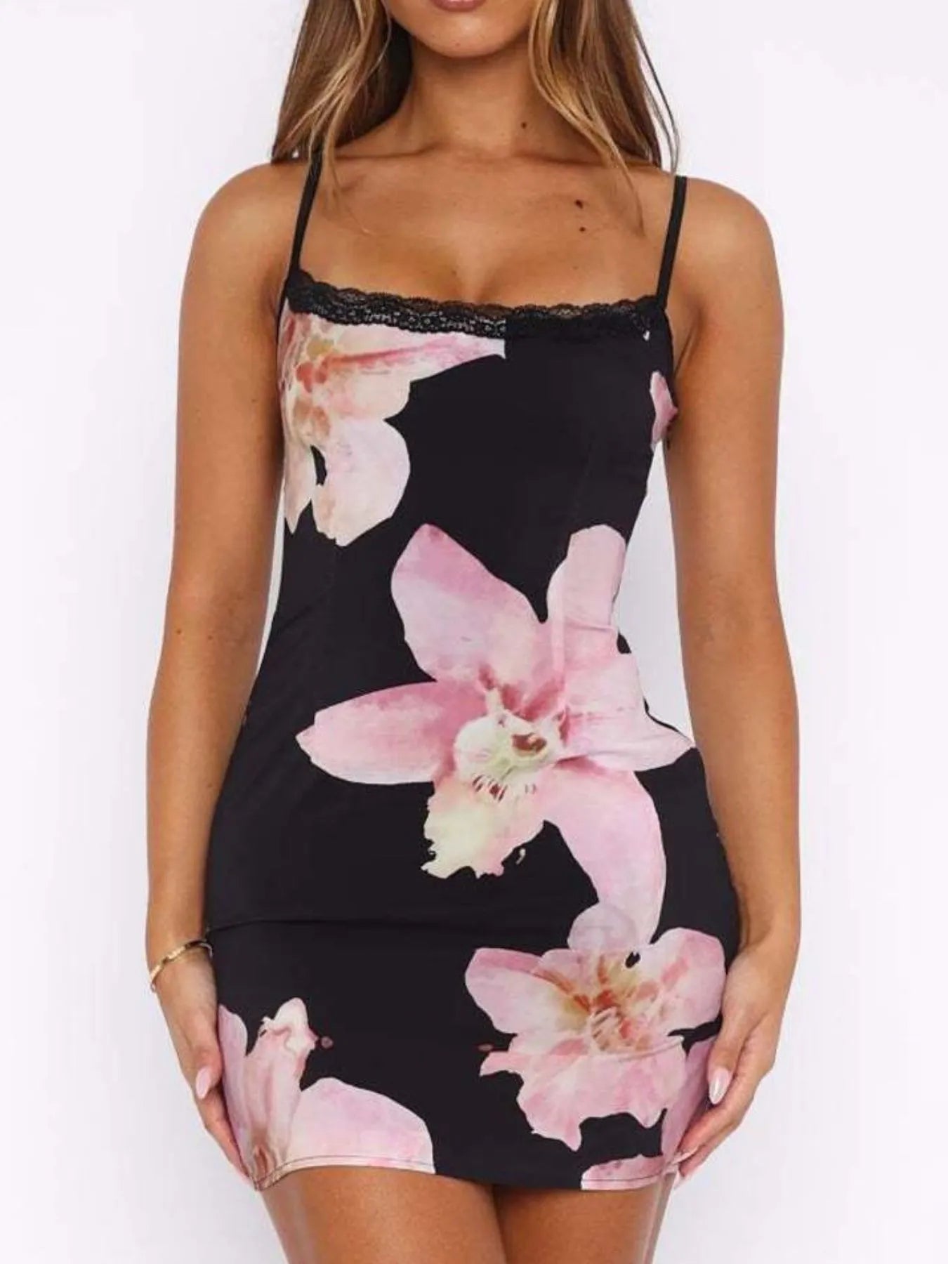 Floral Print Bodycon Cami Dress with Lace Trim - Style Chic Couture