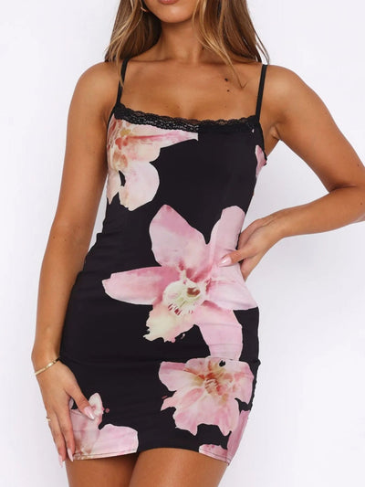 Floral Print Bodycon Cami Dress with Lace Trim - Style Chic Couture