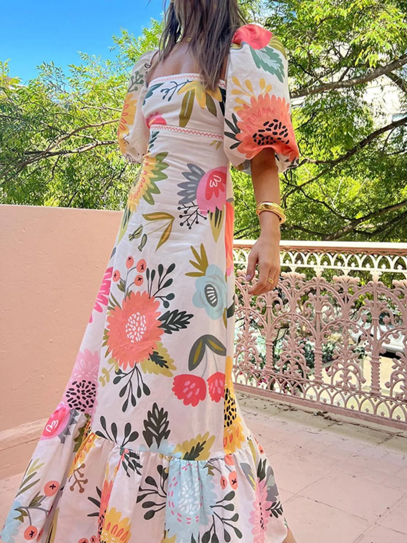 Floral Square Neck Puff Sleeve Maxi Dress with Ruffle Hem - Style Chic Couture