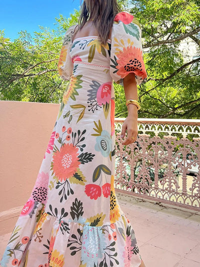 Floral Square Neck Puff Sleeve Maxi Dress with Ruffle Hem - Style Chic Couture