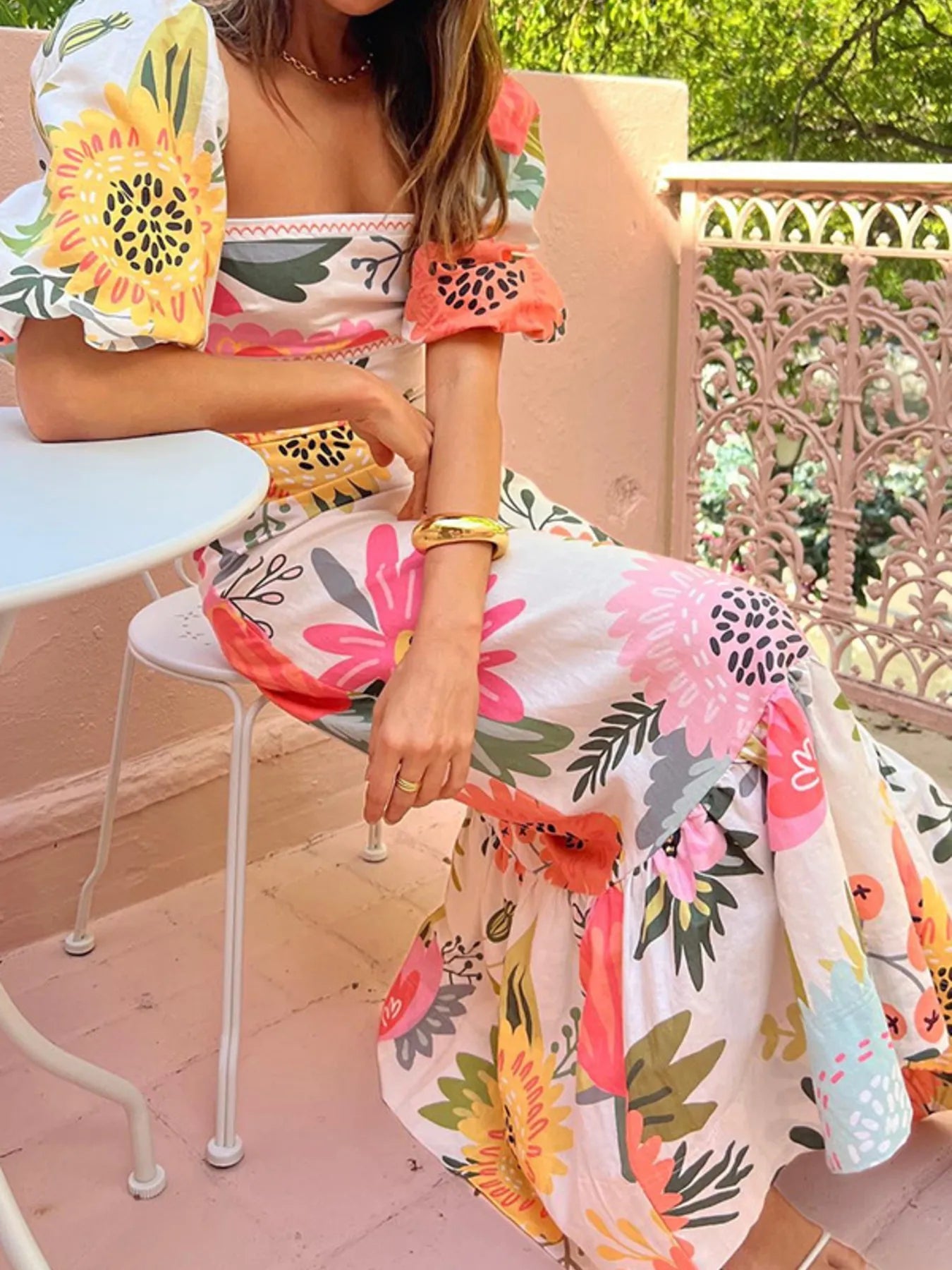 Floral Square Neck Puff Sleeve Maxi Dress with Ruffle Hem - Style Chic Couture