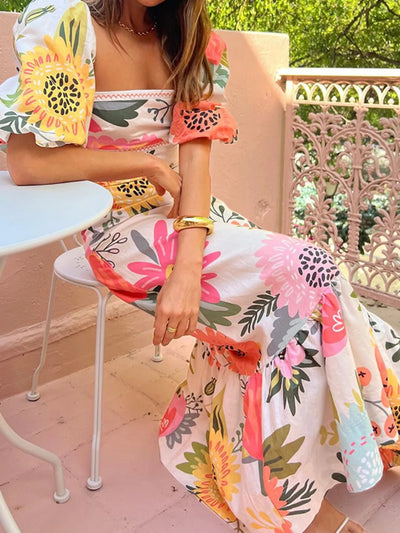 Floral Square Neck Puff Sleeve Maxi Dress with Ruffle Hem - Style Chic Couture