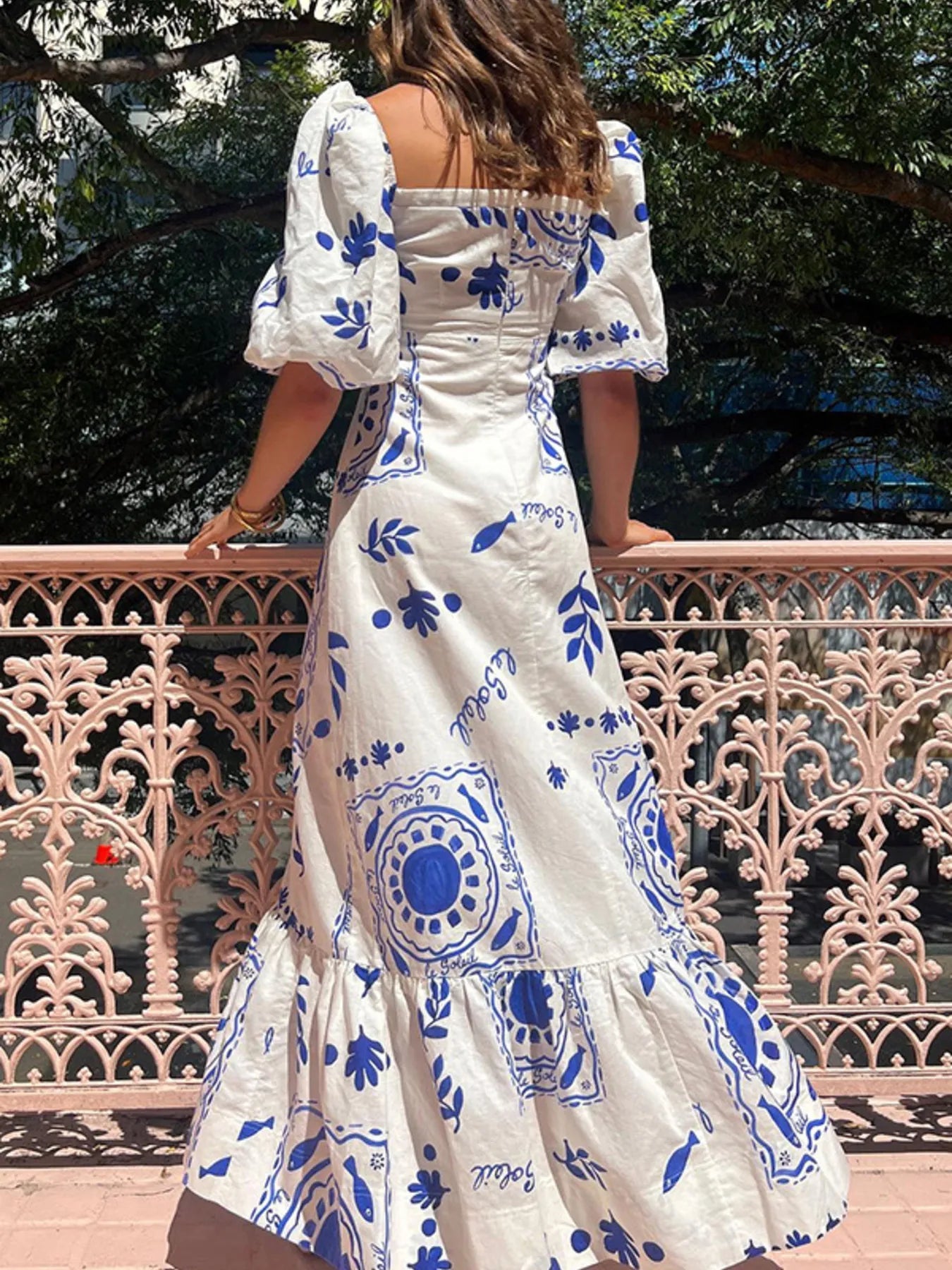 Floral Square Neck Puff Sleeve Maxi Dress with Ruffle Hem - Style Chic Couture