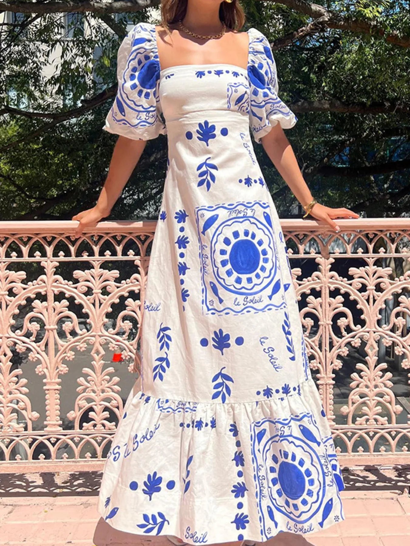 Floral Square Neck Puff Sleeve Maxi Dress with Ruffle Hem - Style Chic Couture