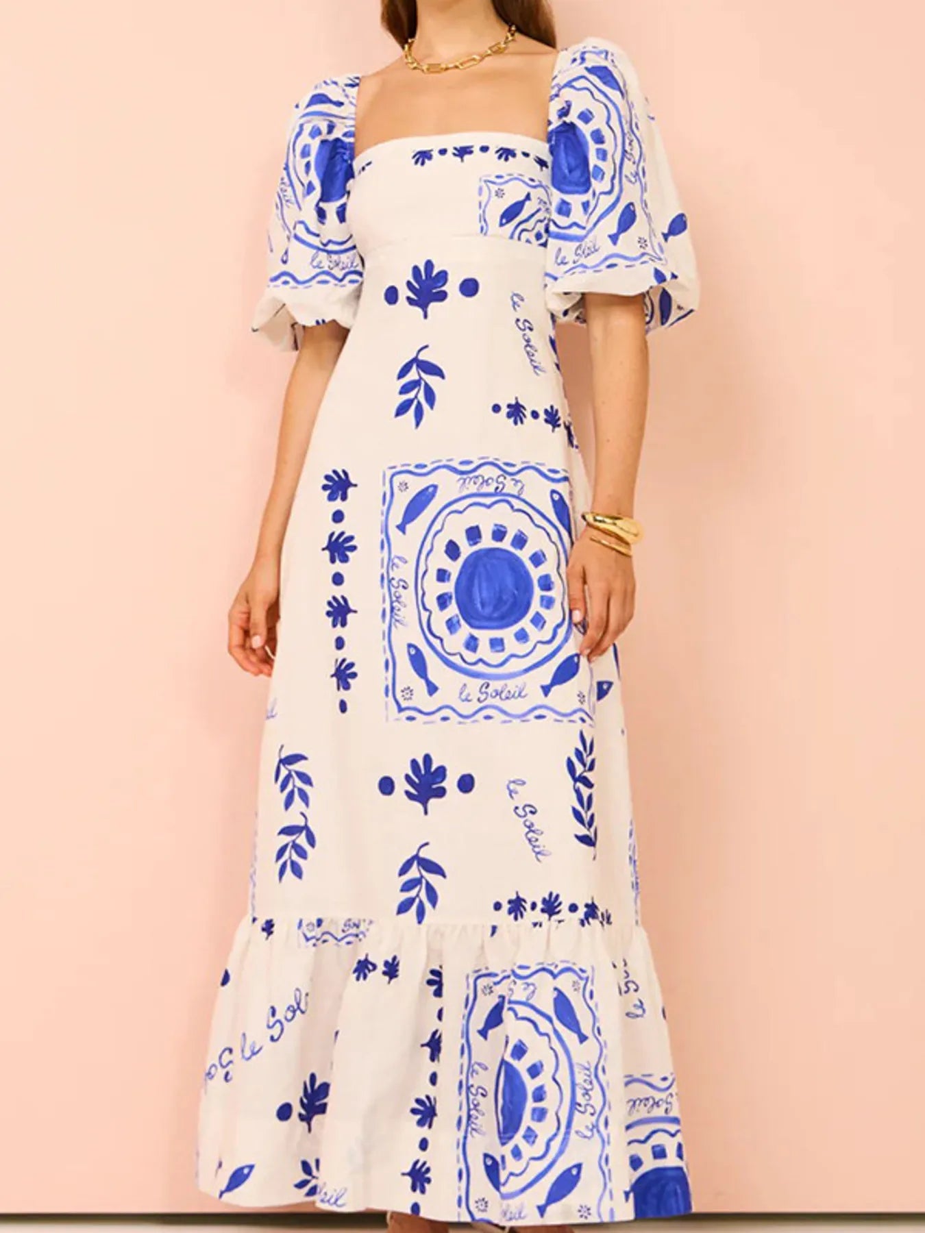 Floral Square Neck Puff Sleeve Maxi Dress with Ruffle Hem - Style Chic Couture