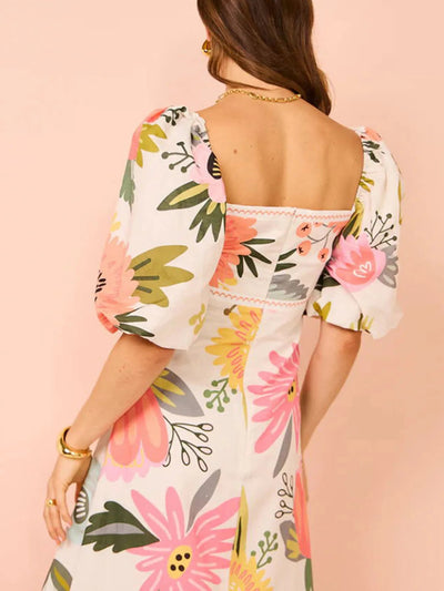 Floral Square Neck Puff Sleeve Maxi Dress with Ruffle Hem - Style Chic Couture