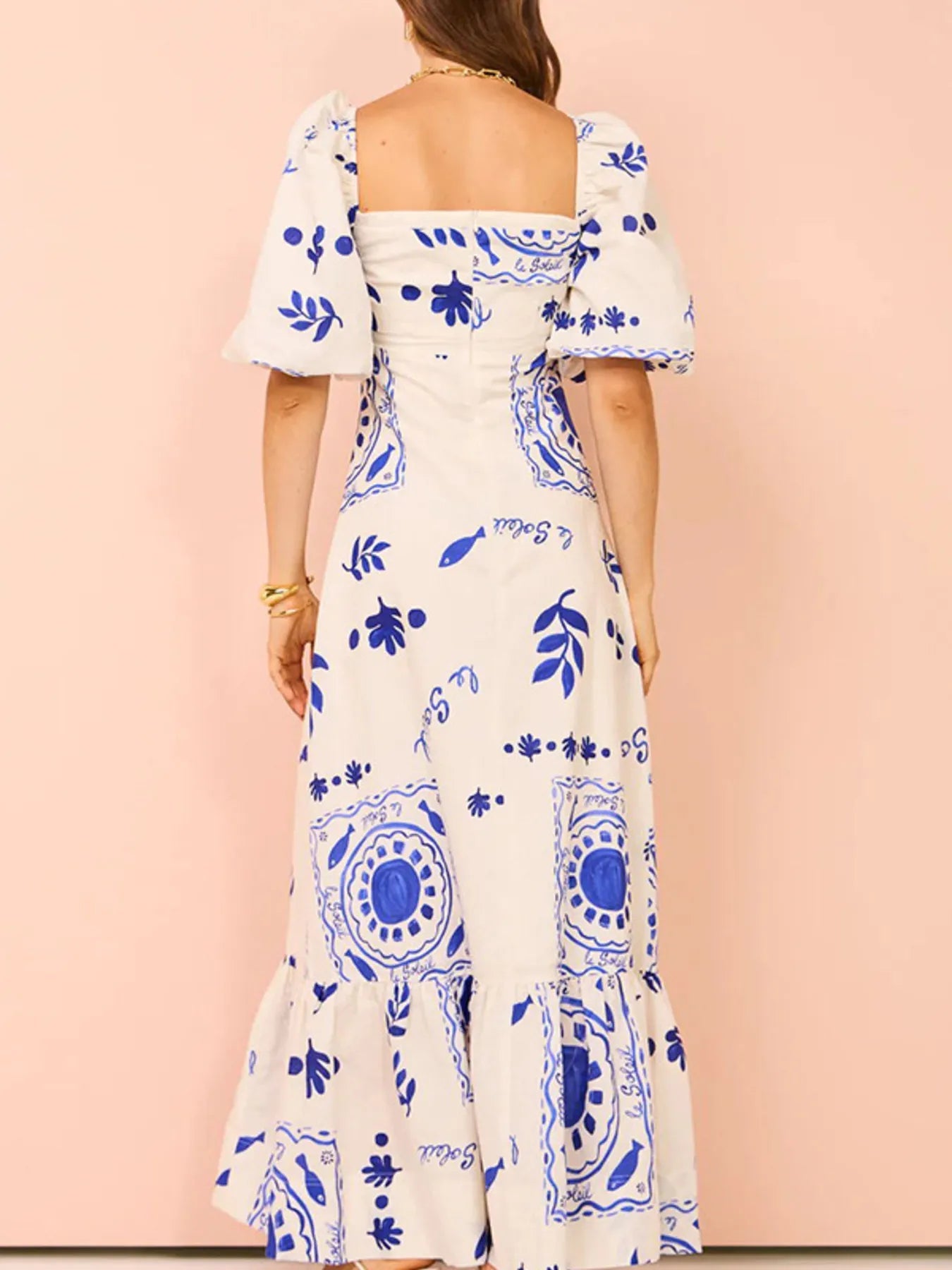 Floral Square Neck Puff Sleeve Maxi Dress with Ruffle Hem - Style Chic Couture