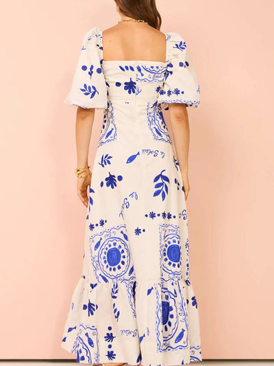 Floral Square Neck Puff Sleeve Maxi Dress with Ruffle Hem - Style Chic Couture