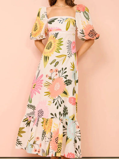 Floral Square Neck Puff Sleeve Maxi Dress with Ruffle Hem - Style Chic Couture