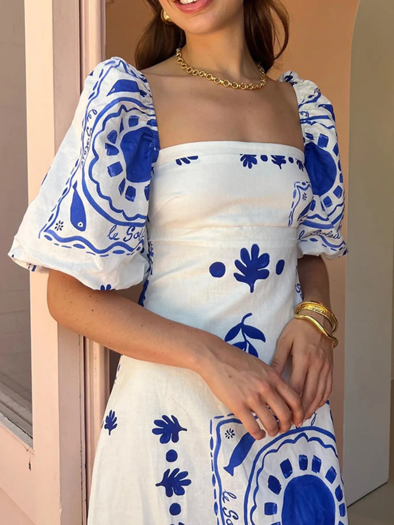 Floral Square Neck Puff Sleeve Maxi Dress with Ruffle Hem - Style Chic Couture