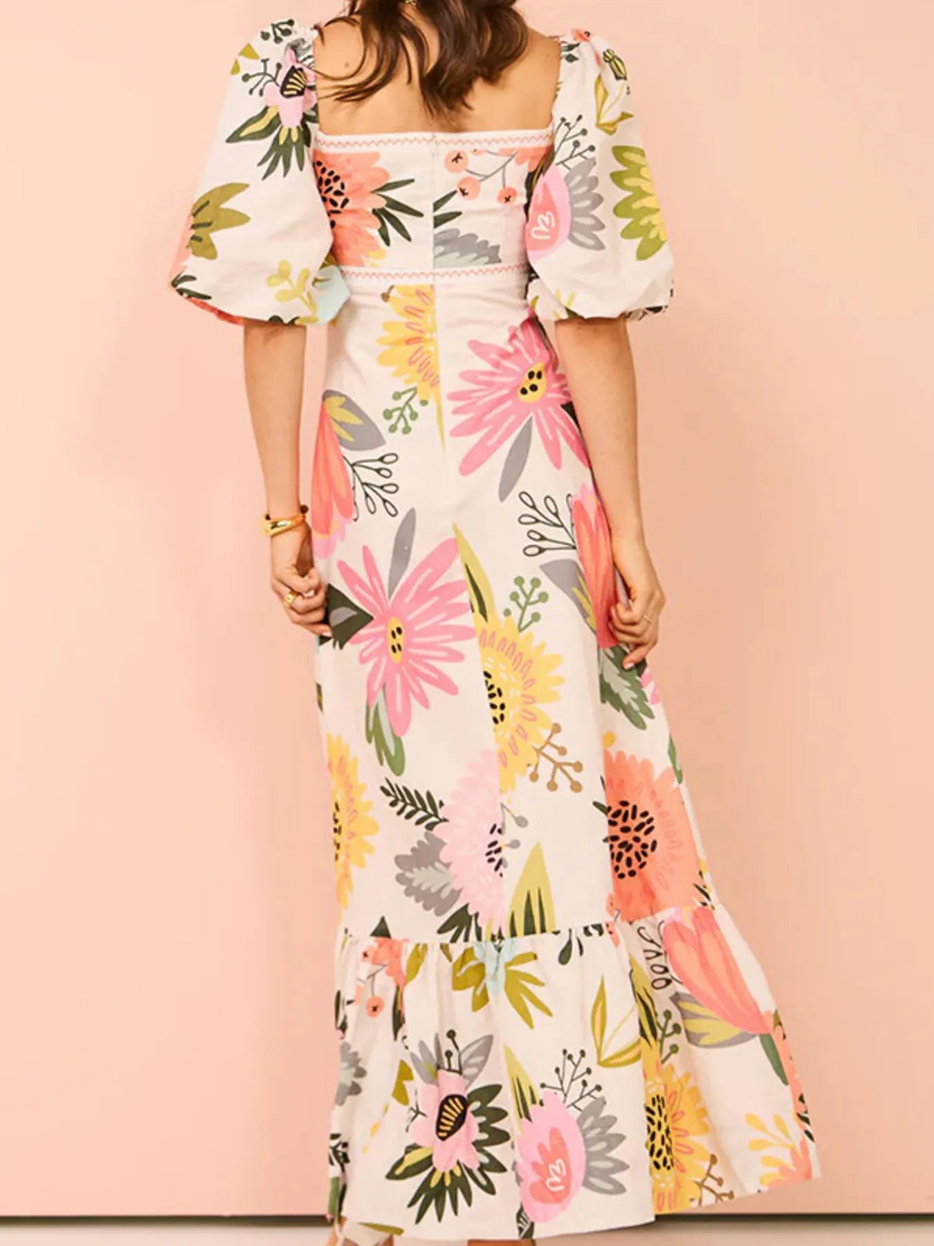 Floral Square Neck Puff Sleeve Maxi Dress with Ruffle Hem - Style Chic Couture