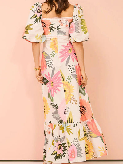 Floral Square Neck Puff Sleeve Maxi Dress with Ruffle Hem - Style Chic Couture