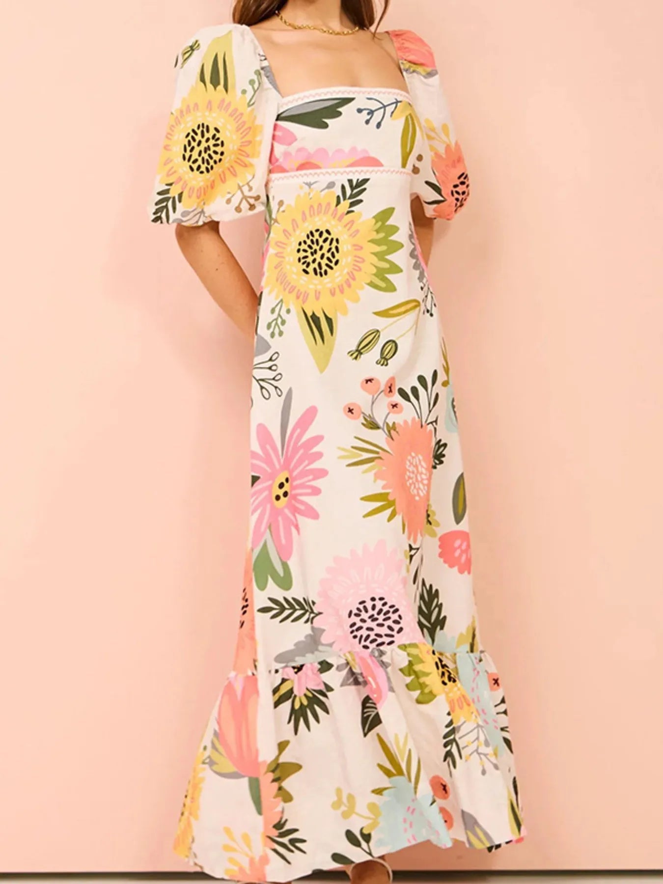 Floral Square Neck Puff Sleeve Maxi Dress with Ruffle Hem - Style Chic Couture