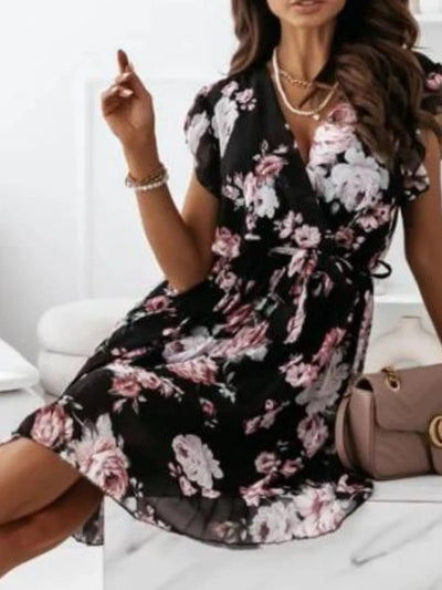 Floral Surplice Ruffled Cap Sleeve Dress - Style Chic Couture