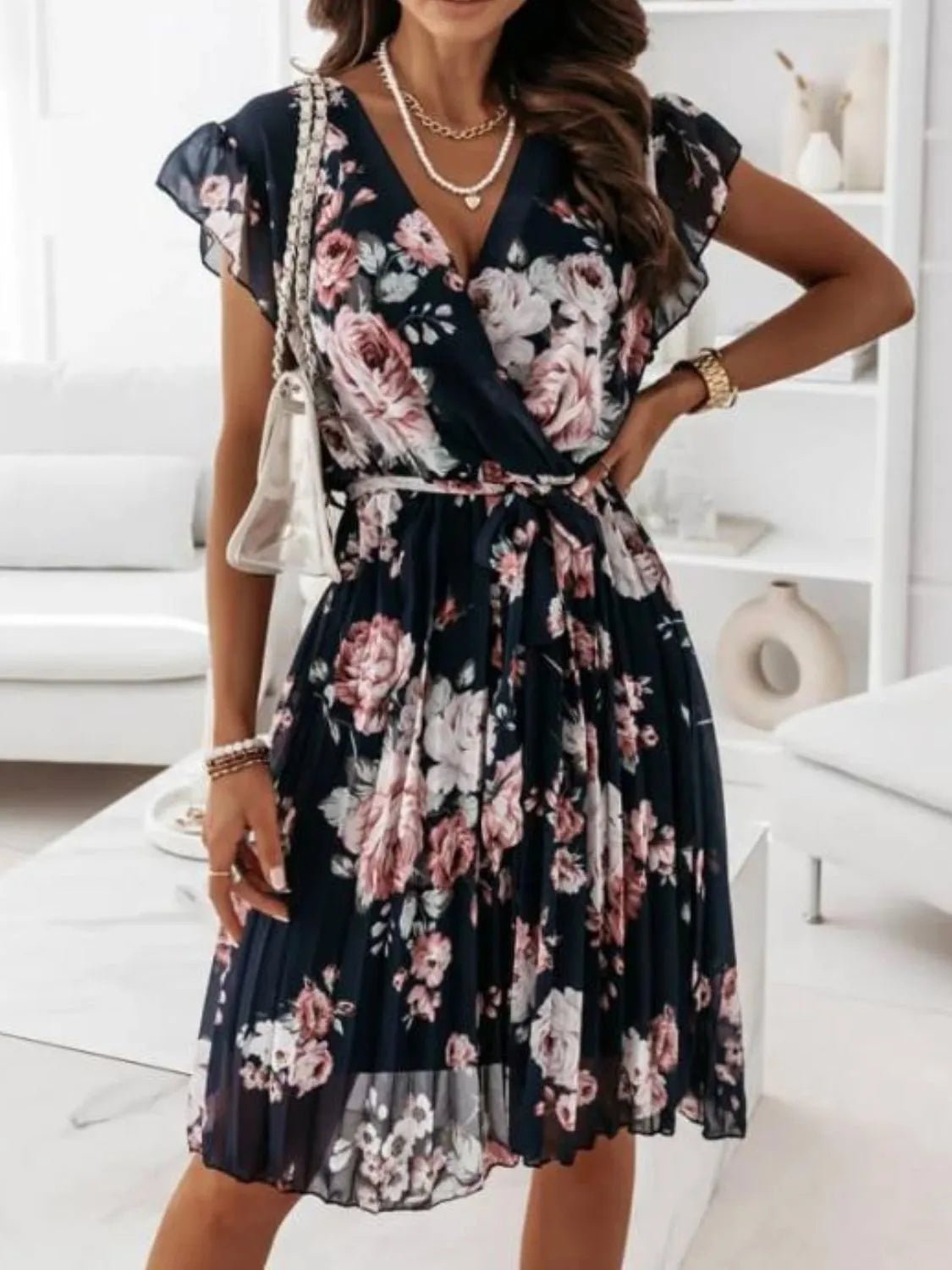 Floral Surplice Ruffled Cap Sleeve Dress - Style Chic Couture