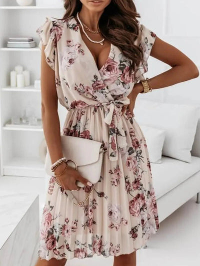 Floral Surplice Ruffled Cap Sleeve Dress - Style Chic Couture