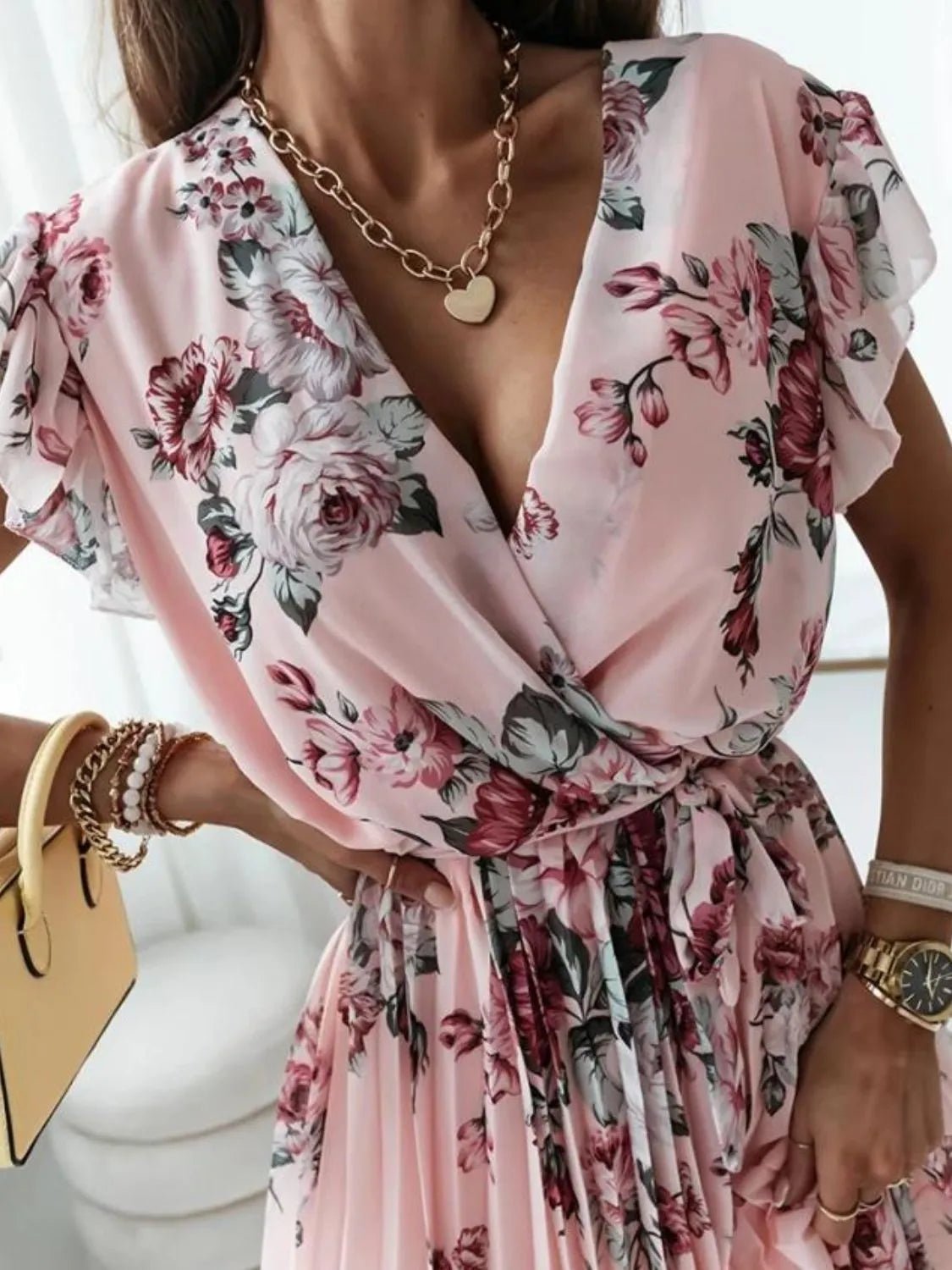 Floral Surplice Ruffled Cap Sleeve Dress - Style Chic Couture