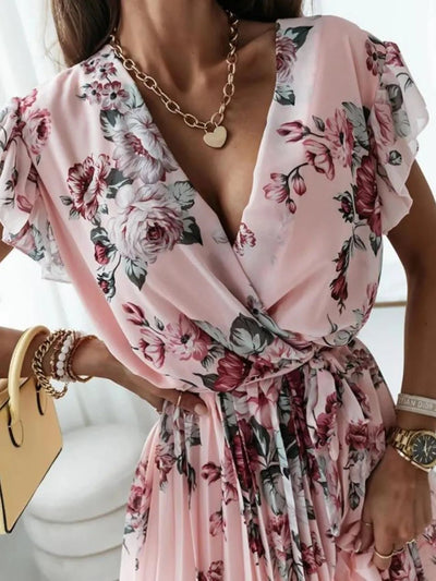 Floral Surplice Ruffled Cap Sleeve Dress - Style Chic Couture