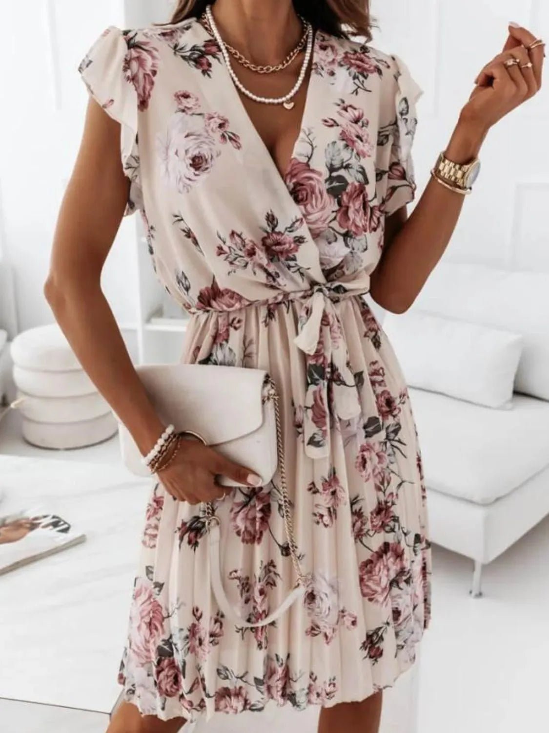 Floral Surplice Ruffled Cap Sleeve Dress - Style Chic Couture