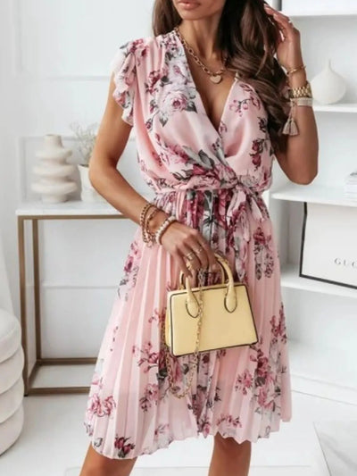 Floral Surplice Ruffled Cap Sleeve Dress - Style Chic Couture