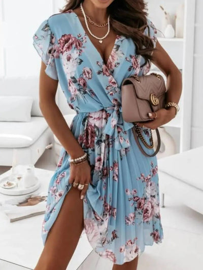 Floral Surplice Ruffled Cap Sleeve Dress - Style Chic Couture