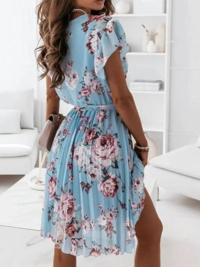 Floral Surplice Ruffled Cap Sleeve Dress - Style Chic Couture