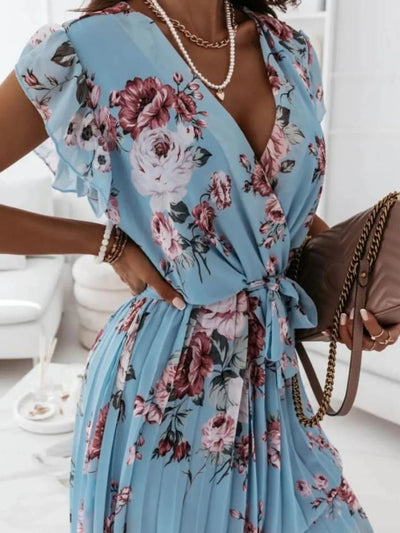 Floral Surplice Ruffled Cap Sleeve Dress - Style Chic Couture