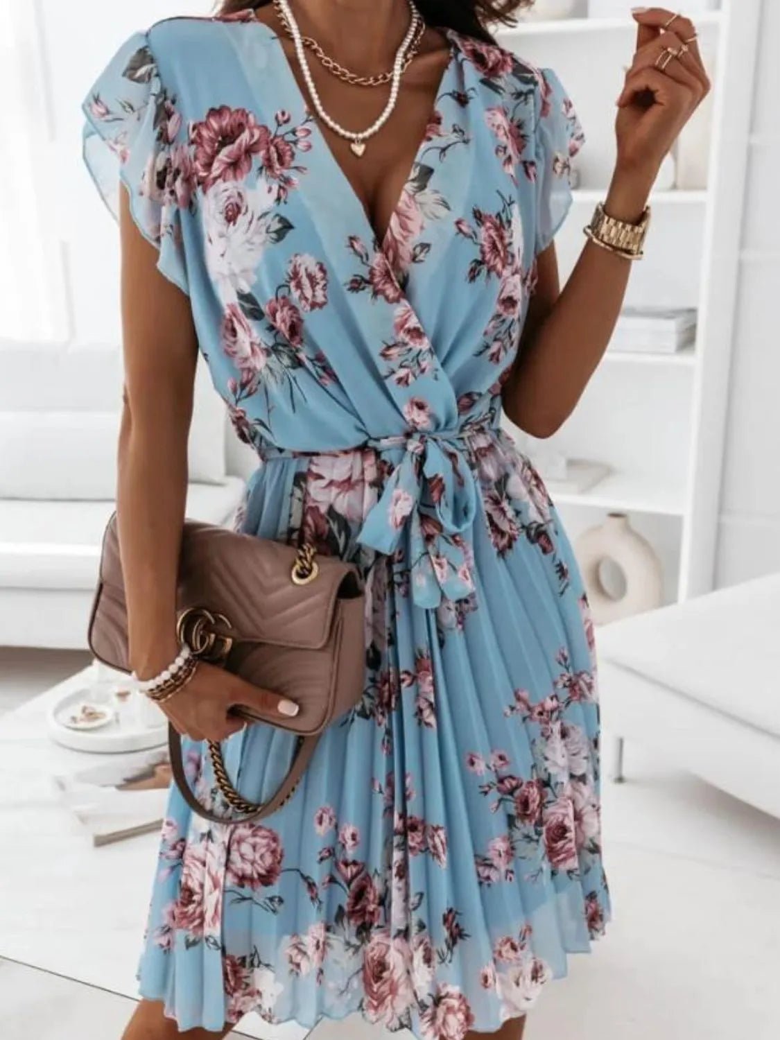 Floral Surplice Ruffled Cap Sleeve Dress - Style Chic Couture