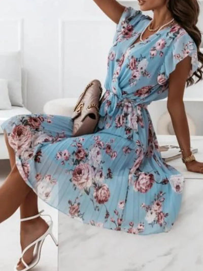 Floral Surplice Ruffled Cap Sleeve Dress - Style Chic Couture