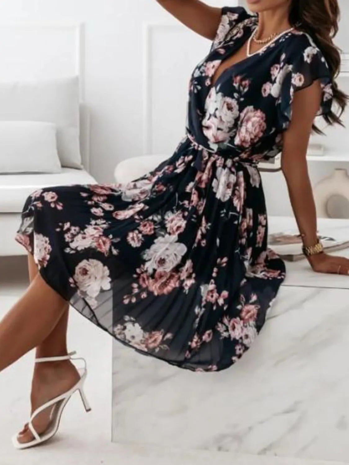 Floral Surplice Ruffled Cap Sleeve Dress - Style Chic Couture