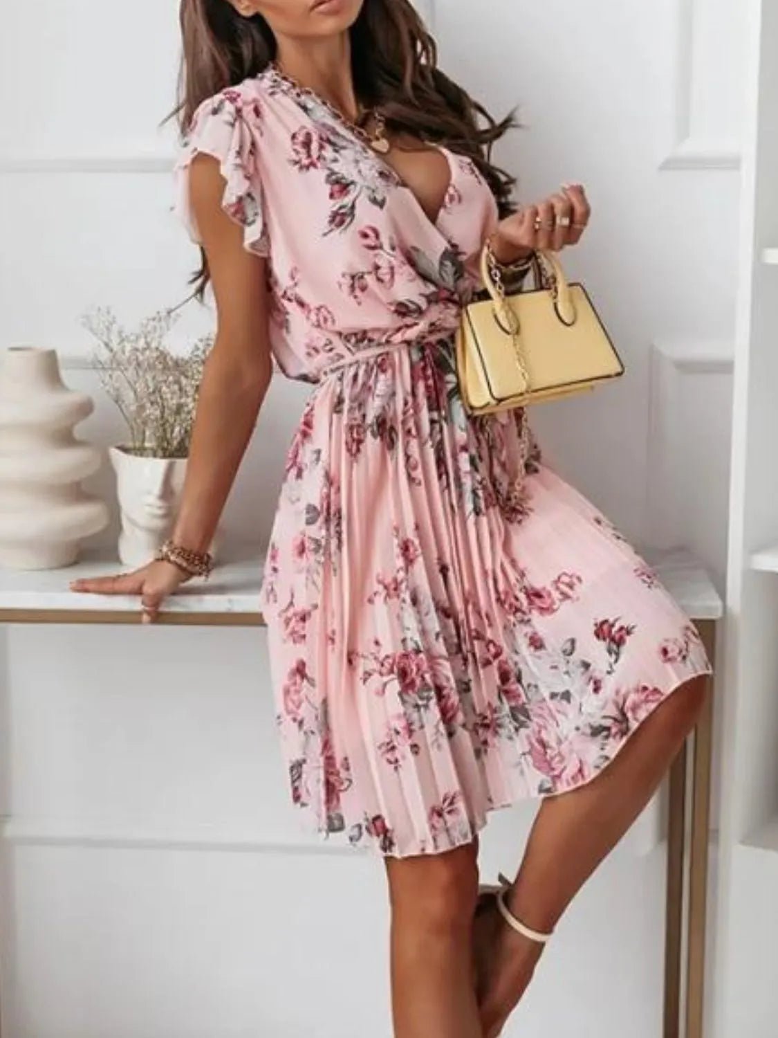 Floral Surplice Ruffled Cap Sleeve Dress - Style Chic Couture
