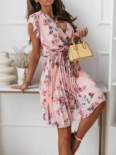 Floral Surplice Ruffled Cap Sleeve Dress - Style Chic Couture