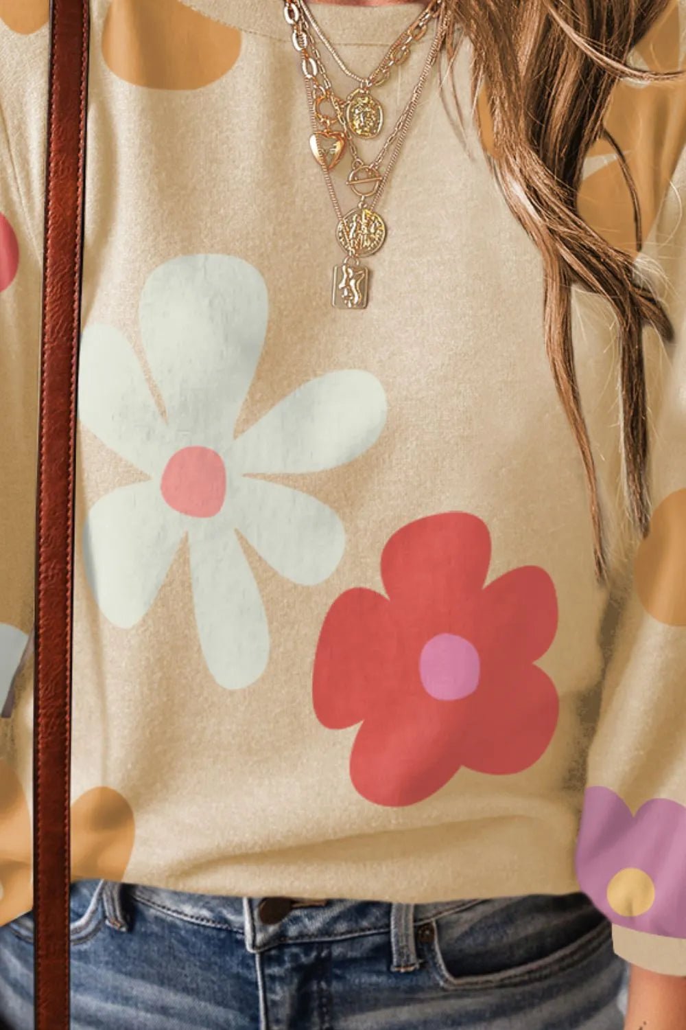 Flower Round Neck Long Sleeve Blouse - Style Chic Couture