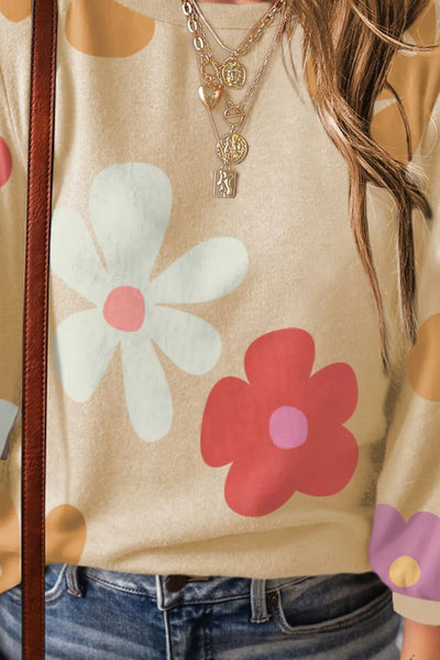 Flower Round Neck Long Sleeve Blouse - Style Chic Couture