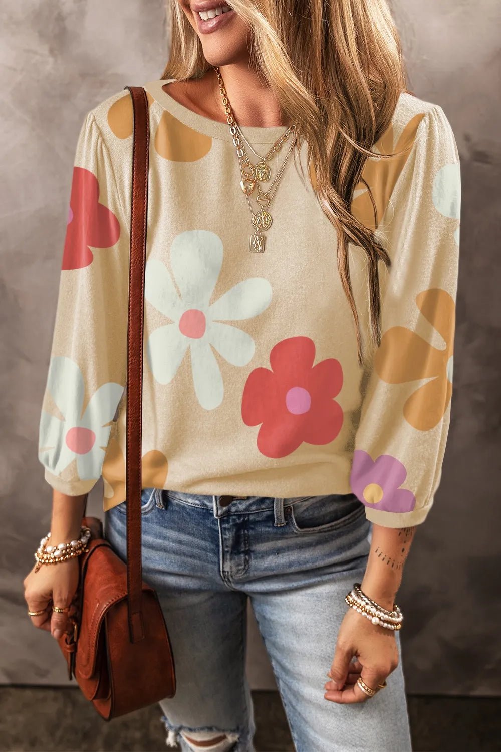 Flower Round Neck Long Sleeve Blouse - Style Chic Couture