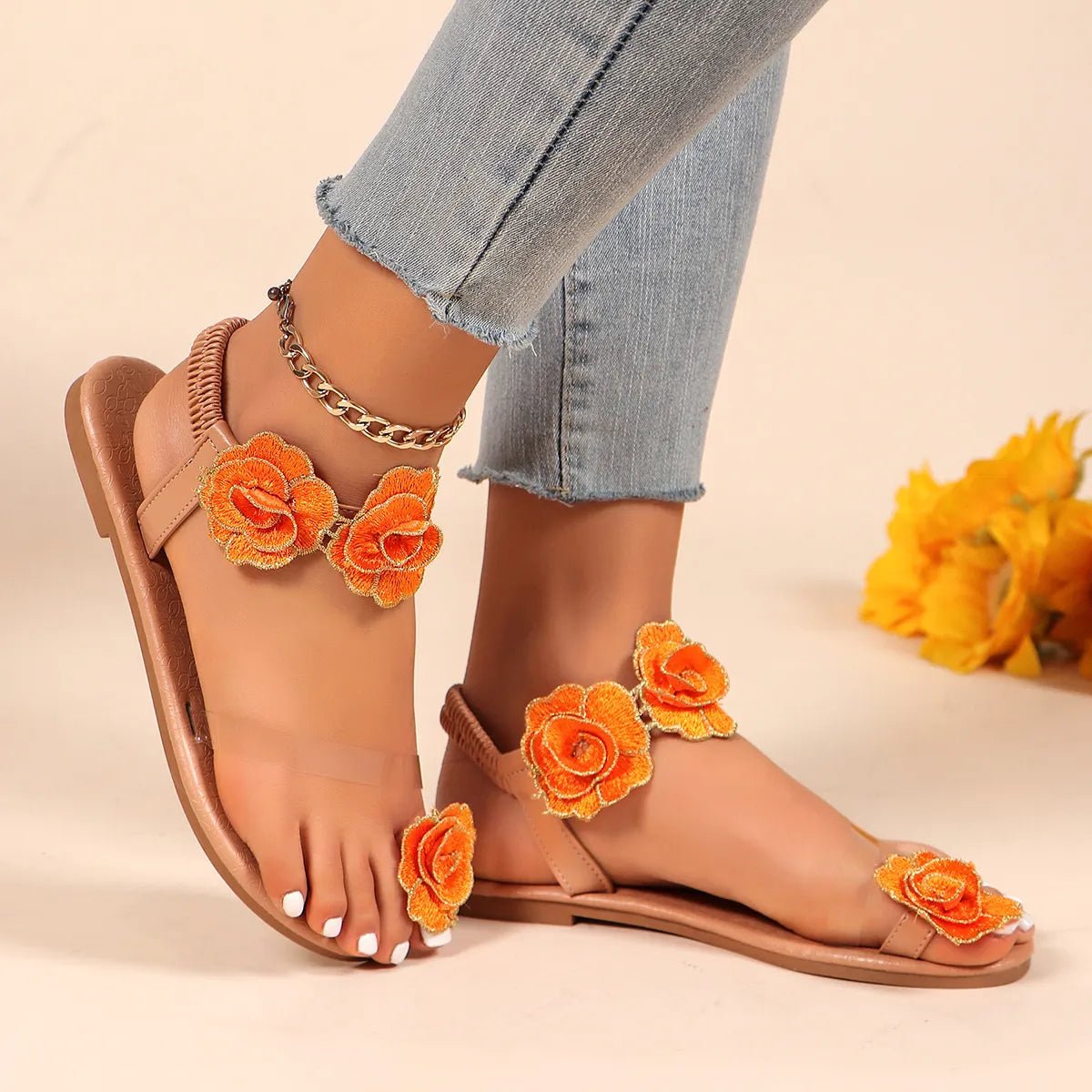 Flower Toe Loop Flats Sandals - Style Chic Couture