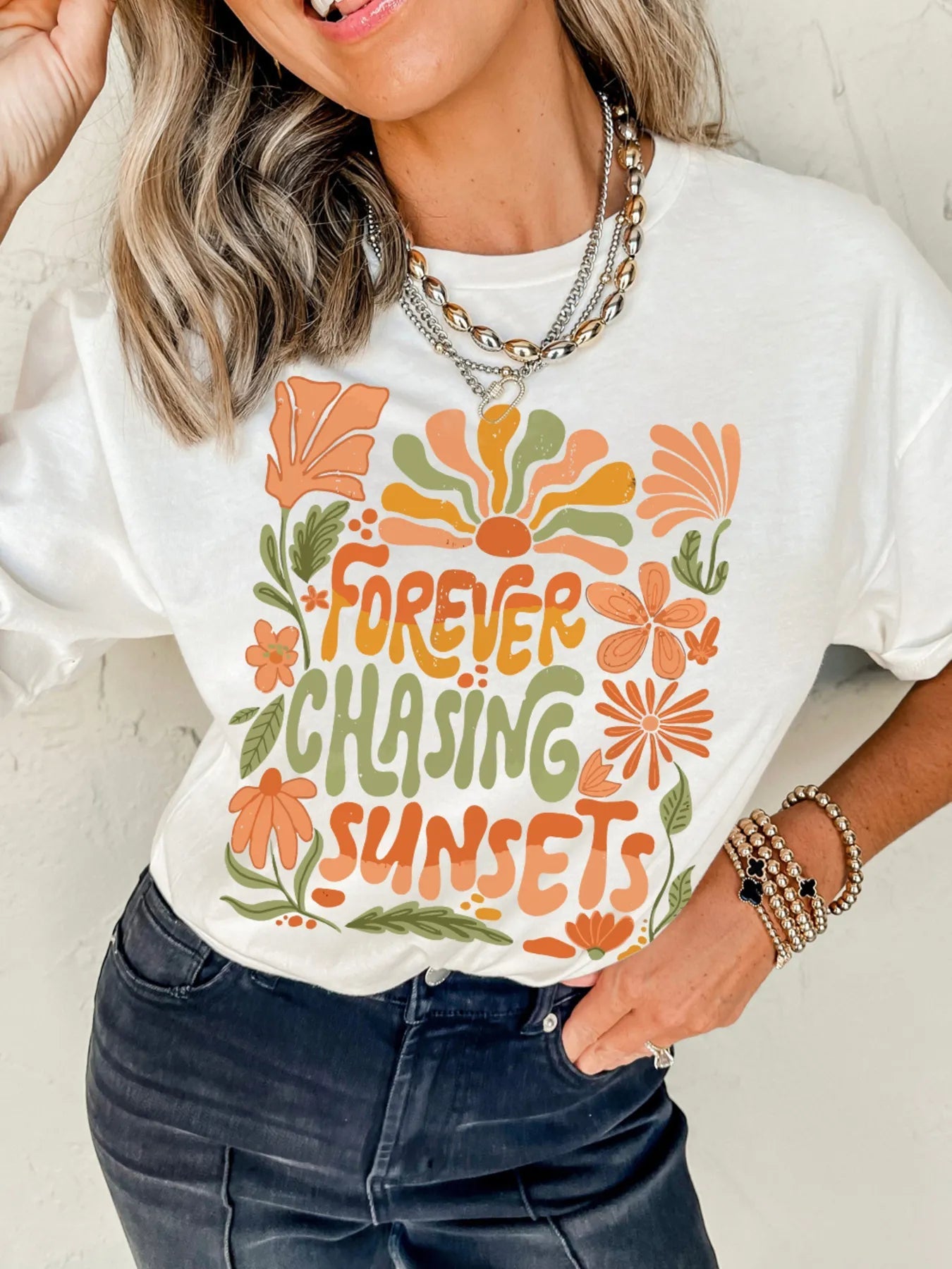 FOREVER CHASING SUNSETS Round Neck T Shirt - Style Chic Couture