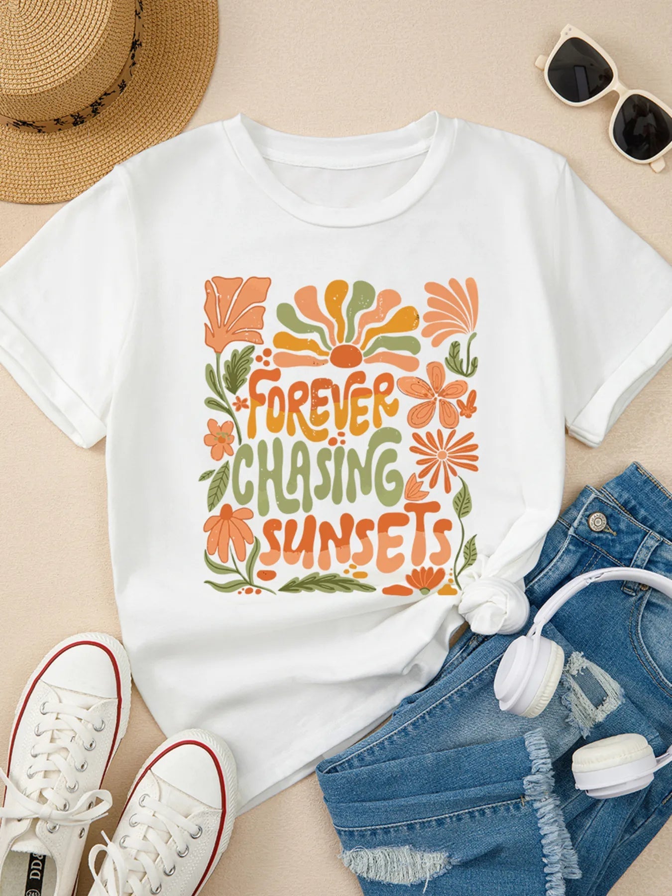 FOREVER CHASING SUNSETS Round Neck T Shirt - Style Chic Couture