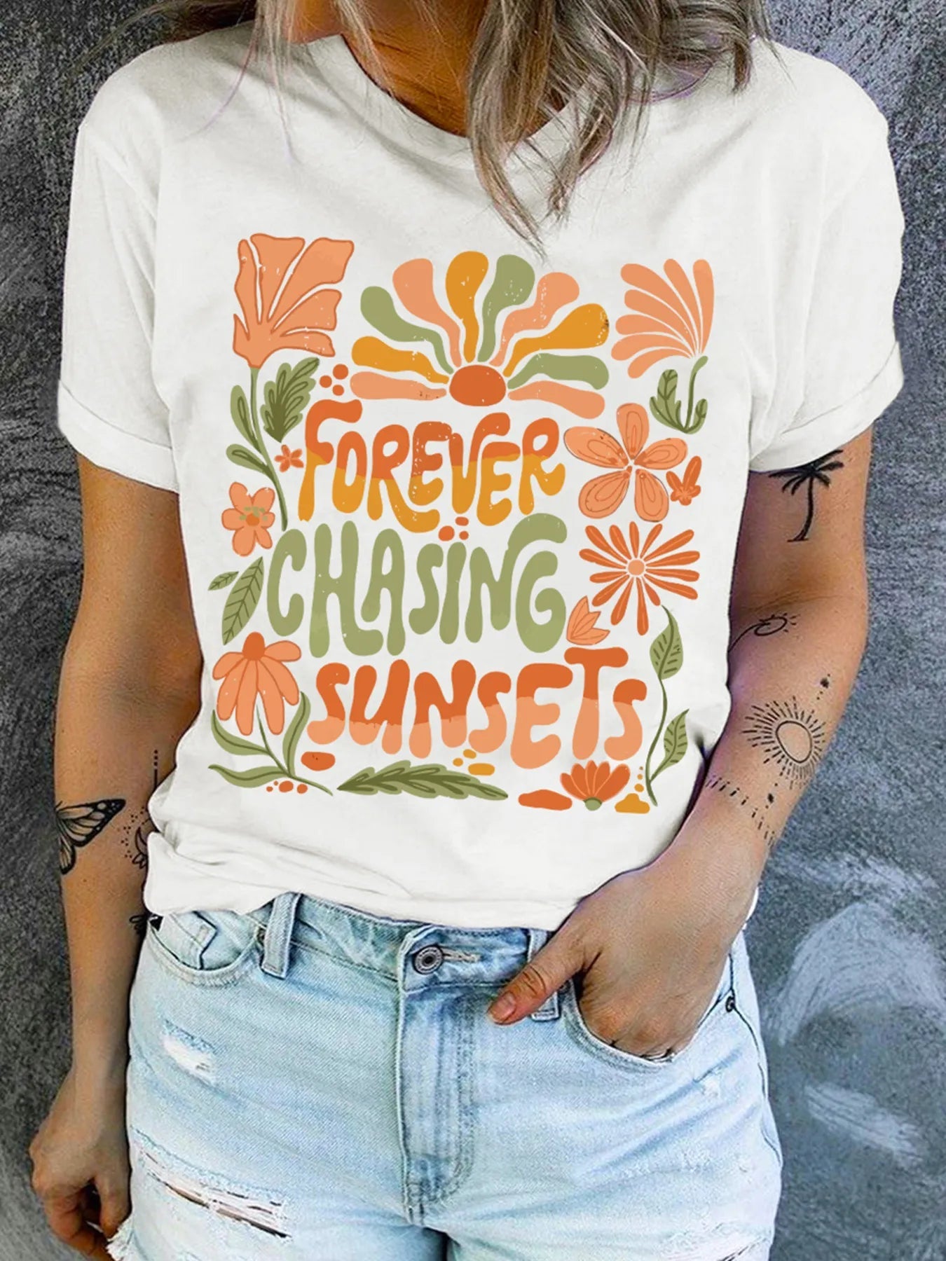 FOREVER CHASING SUNSETS Round Neck T Shirt - Style Chic Couture
