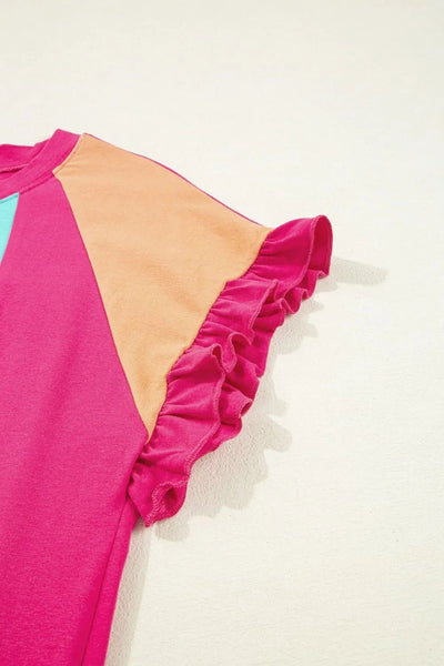 Frill Color Block Crew Neck Loose Fit T Shirt - Style Chic Couture