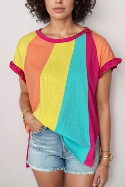 Frill Color Block Crew Neck Loose Fit T Shirt - Style Chic Couture