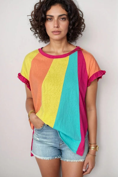 Frill Color Block Crew Neck Loose Fit T Shirt - Style Chic Couture