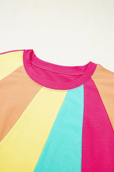 Frill Color Block Crew Neck Loose Fit T Shirt - Style Chic Couture