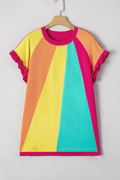 Frill Color Block Crew Neck Loose Fit T Shirt - Style Chic Couture