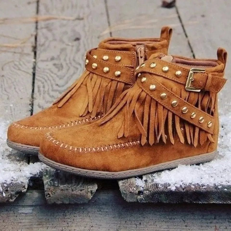 Studded Fringed Flat Boots - Suede Luxe
