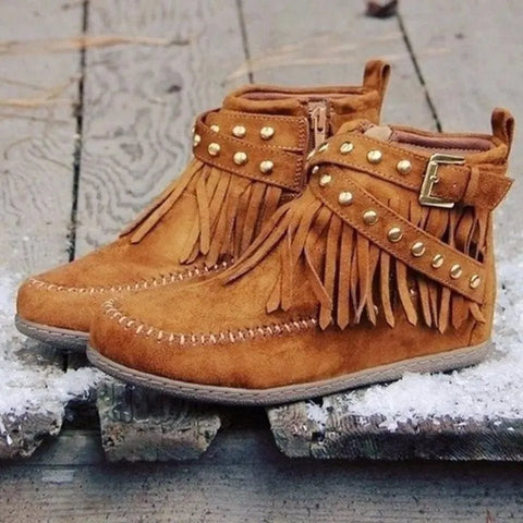 Studded Fringed Flat Boots - Suede Luxe