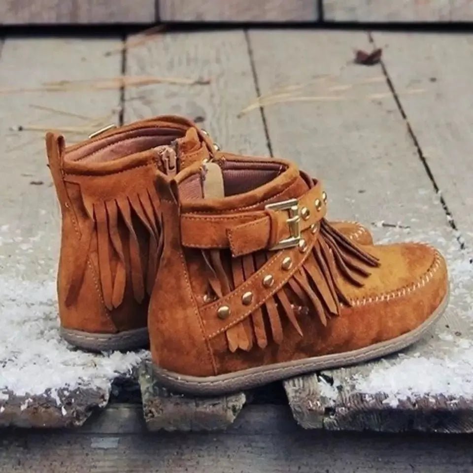 Studded Fringed Flat Boots - Suede Luxe