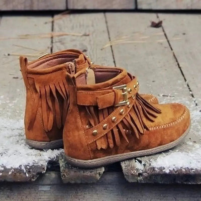 Studded Fringed Flat Boots - Suede Luxe