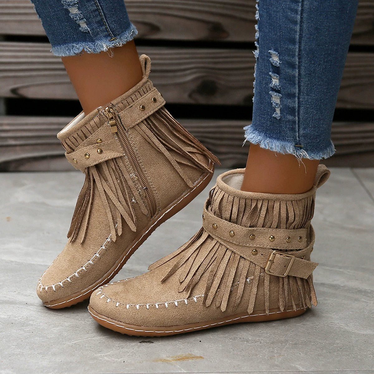 Studded Fringed Flat Boots - Suede Luxe